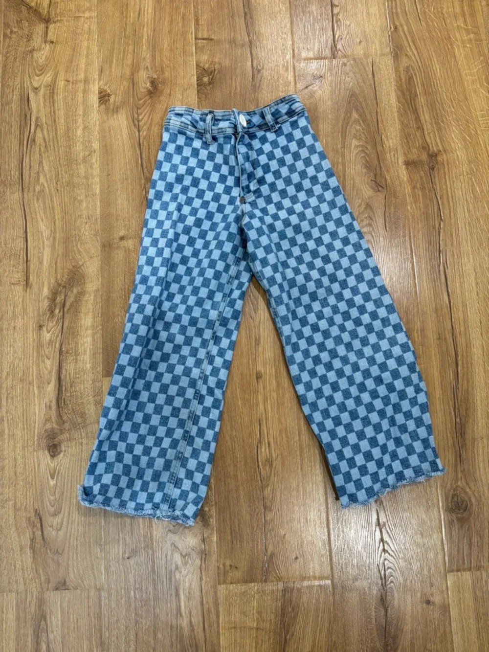 Zara Wide Leg Raw Hem Checkered Jeans - Picture 1 of 4